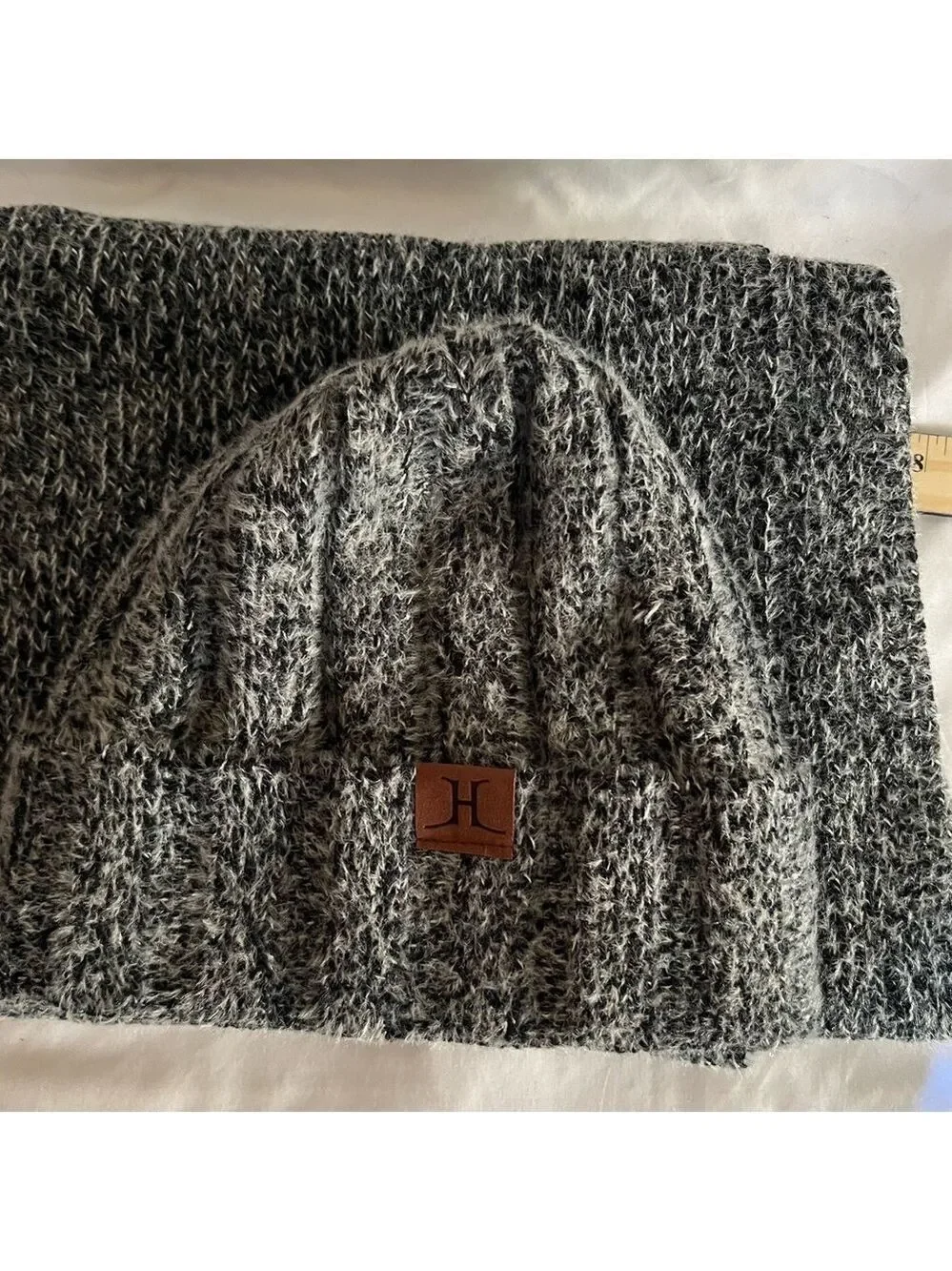 Gray Knit Beanie Hat and Scarf Set